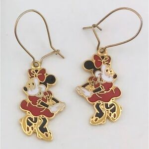 Vintage Disney Minnie Mouse Enamel Dangle French Wire Hook Earrings 2” 1995